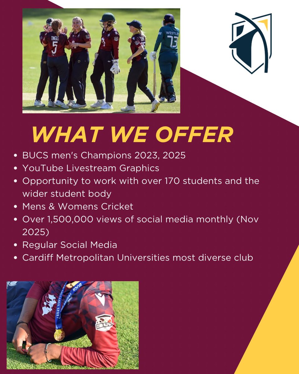 CMetCricket's tweet photo. 🏏 Cardiff Met Cricket | 2026 Sponsors Wanted

Could your business partner with the UK’s leading uni cricket team?

We’re inviting sponsors to join us for the 2026 season, supporting elite student athletes competing at the highest level of BUCS.

📩 Get in touch to find out more. https://t.co/3JR1sm8fj2