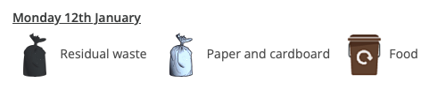 Paper and cardboard for recycling this week please, plus black sack residual waste and your food caddy. Oh, and it's set to remain breezy all week so those white bags might need pinning down 📌 📌 🙂