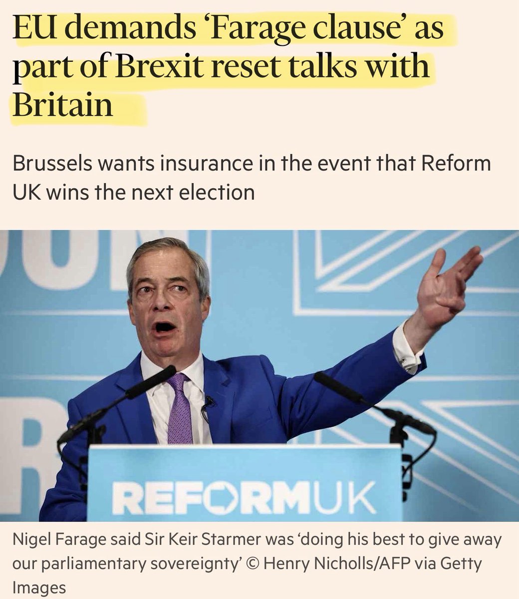 Artemisfornow's tweet image. The EU are spitting on democracy by demanding what they call a ‘Farage clause’ in the new stitch up agreement Starmer is planning

It essentially means if any government tries to reverse the deal Starmer signs us up to, the UK would pay the EU massive financial penalties.