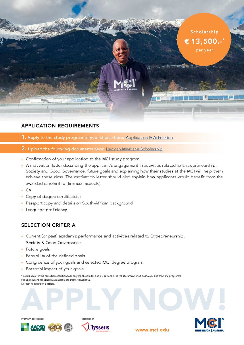 HermanMashaba's tweet image. Calling all South African students who are about to pursue their Master's degree, and would like to further their studies abroad.

I am issuing a scholarship to study at the MCI - The Entrepreneurial School in Innsbruck, Austria.

Applications deadline: 31 March 2026