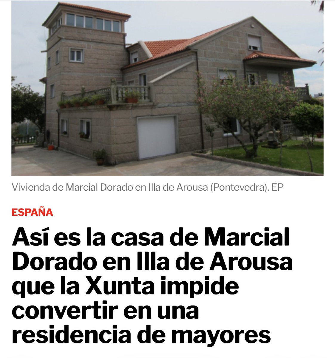 crispmarcote's tweet image. La Xunta de Galicia considera "un capricho" la compra del chalet del narco Marcial Dorado, donde Feijóo compartió fines de semana. 

El ayuntamiento da Illa de Arousa quiere el inmueble para su reconversión en residencia de ancianos.

La edificación, de dos plantas, 1.000 metros…
