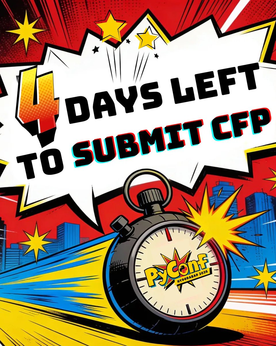 ⏳ CFP Deadline Alert: 4 days left!

Talks. Workshops. Stories. Ideas. If it’s Python, it belongs at #PyConfHyd2026.

Submit before 15 Jan 👉 papercall.io/pyconfhyd2026

Your stage awaits. Don’t miss it!

#CFP #Deadline #4DaysToGo #TechEvent #PythonCommunity #TechCommunity