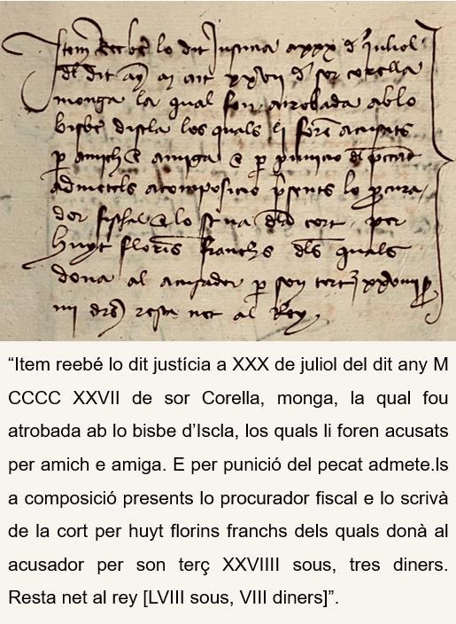 Fa sis segles el bisbe d’Iscla i sor Corella foren acusats a València pel pecat de l’amistat. El rei s’embutxacà 58 sous i 8 diners per la “infracció”. I una persona sense nom guanyà 29 sous i 3 diners en el negoci de la delació.

#Ischia (badia de Nàpols)
✍️ 1427