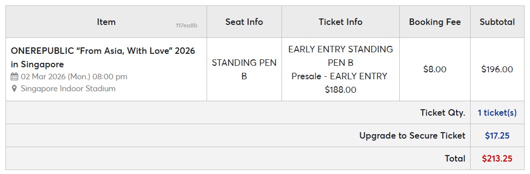 cingowren's tweet image. WTS OneRepublic Concert Ticket – Singapore‼️

🎟️ EARLY ENTRY Standing Pen B (1 ticket)
🗓 March 2, 2026
📍 Singapore Indoor Stadium
💰 Price: 180 SGD (fixed)

Selling due to a compulsory postgrad internship

DM or reply if interested ✨

#WTS #OneRepublic #Tour #FromAsiaWithLove