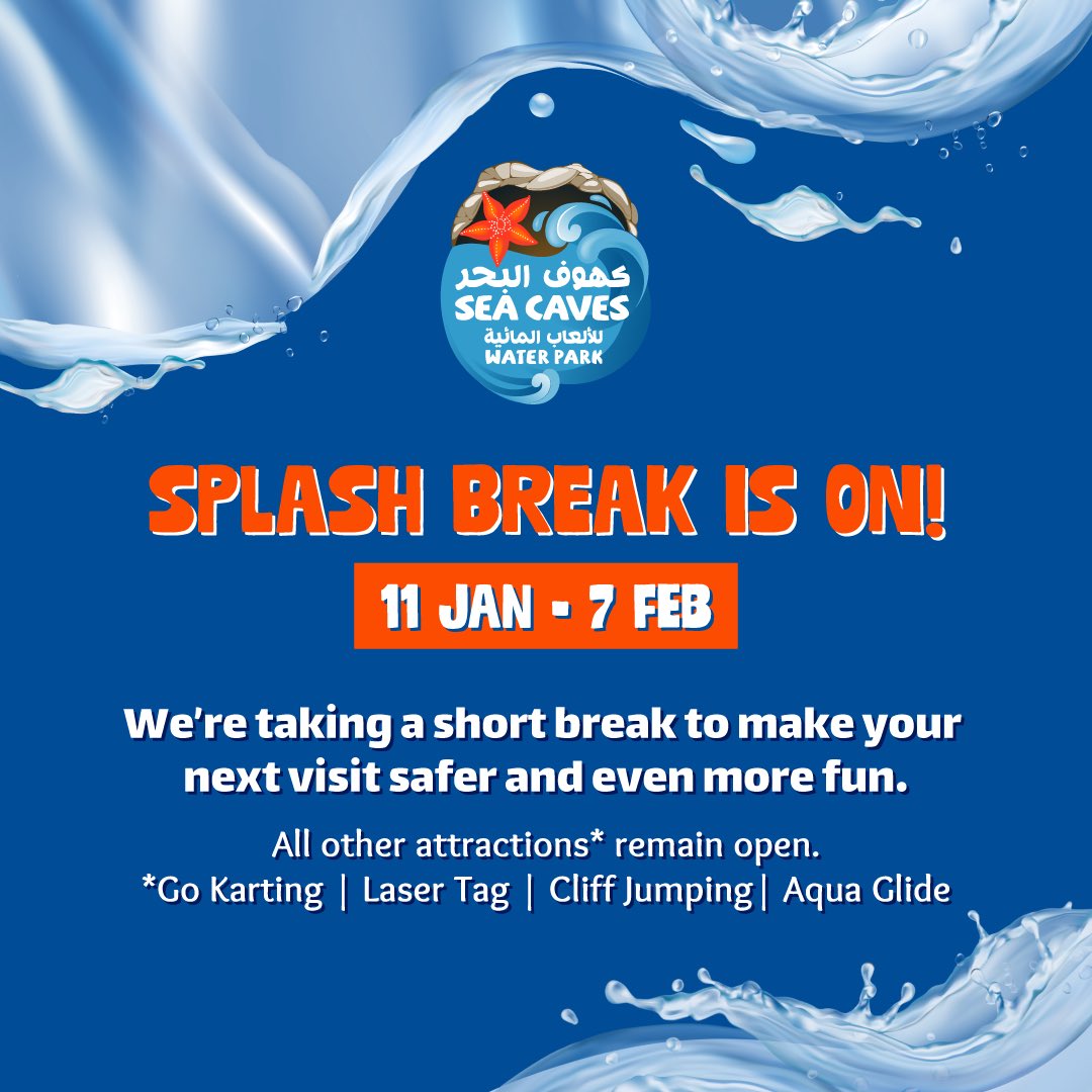 🌊 Splash Break Is On! 🌊

Sea Caves Waterpark is getting its annual magic tune-up and closed for maintenance from 11 Jan to 7 Feb, 2026

But the adventure never sleeps! 
🏎️ Go Karting
🤿Aqua Glide
🔫 Laser Tag
🧗‍♀️Cliff Jumping 

Are OPEN daily! From 10am - 5pm. See you soon!