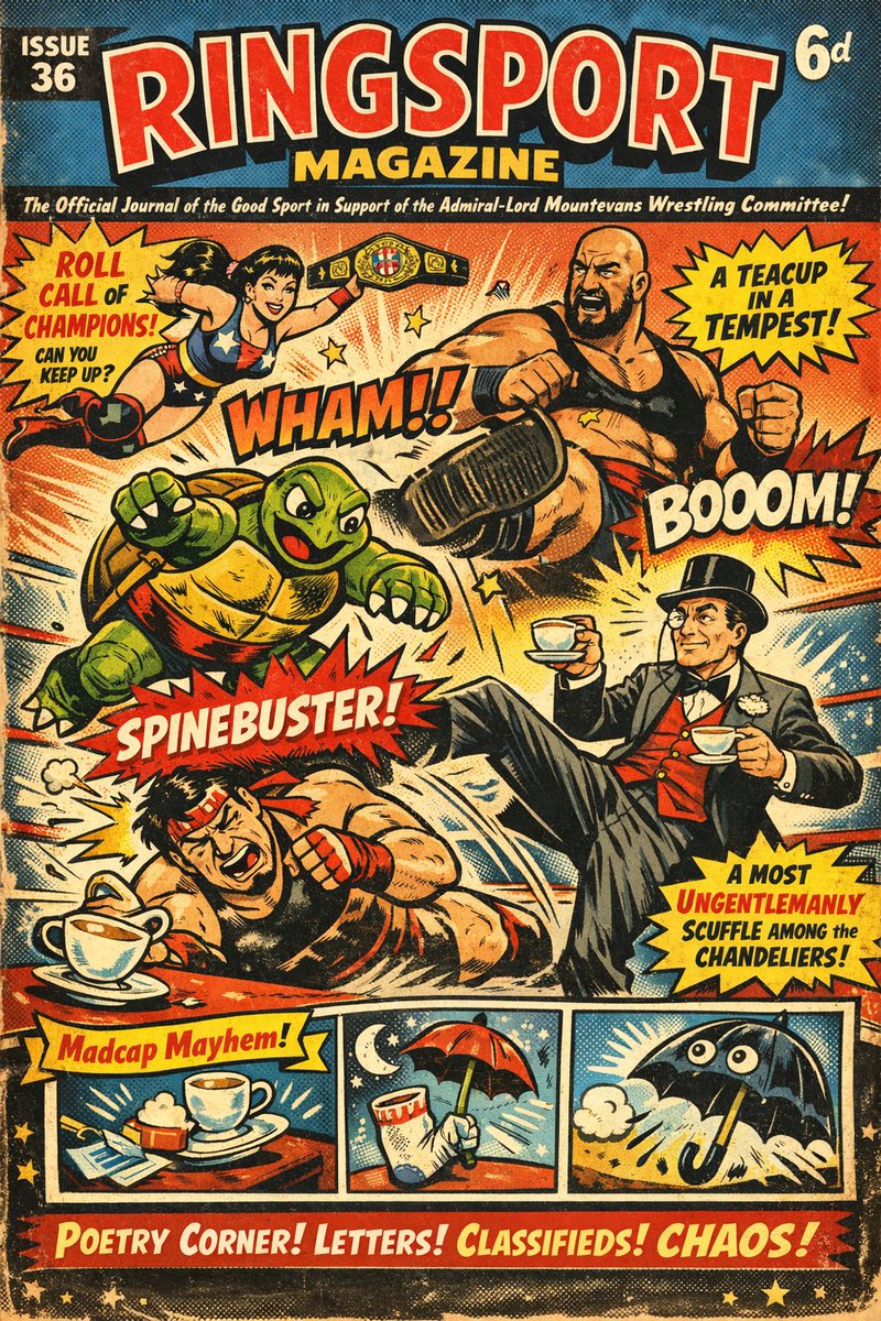 ViWrestling's tweet photo. MAGAZINE | Do fetch your monocle and brace your sensibilities! You shall witness Herculean feats of muscle and mirth, spinebusters that flirt with gravity, and the occasional calamity so absurd it might have been scripted by a  mischievous butler.
https://t.co/Uv7YYwkoxI https://t.co/2053osvqXl