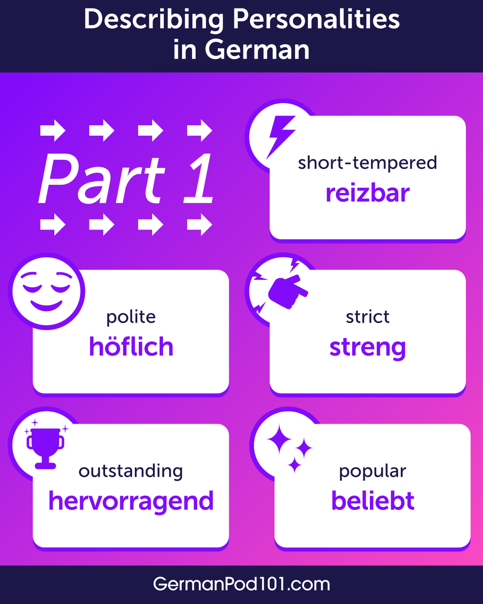 GermanPod101's tweet photo. Introvert? Extrovert? Somewhere in between? 👀 Learn how to describe personalities in German! Start learning German for FREE ⬇️
🔗 https://t.co/N8VOMcAObl
#GermanPhrases #DailyGerman #Germanin2026 https://t.co/bGfE2H7CZQ