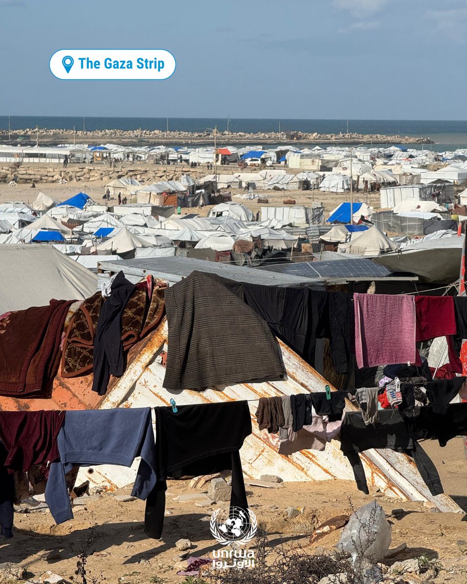 UNRWA's tweet photo. Along #Gaza’s beaches, thousands of displaced people are living in make-shift tents in extremely harsh conditions.

With flooding, winter cold, shortages of food and safe water, and severe restrictions on humanitarian assistance, their vulnerability continues to deepen.

Humanitarian needs remain immense.