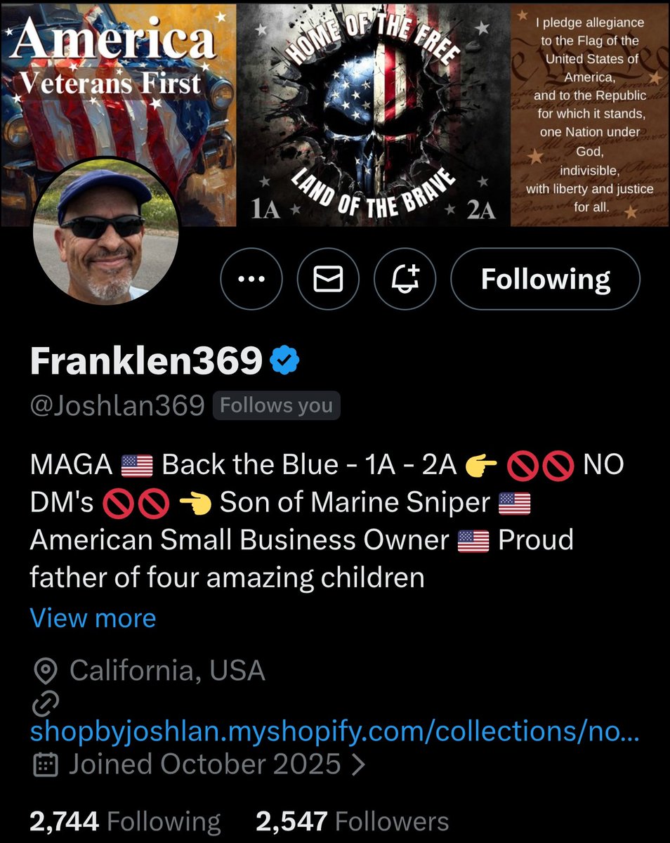 This Patriot is looking for more connections. Can you folk help out thank you.

<a href="/Joshlan369/">Franklen369</a>