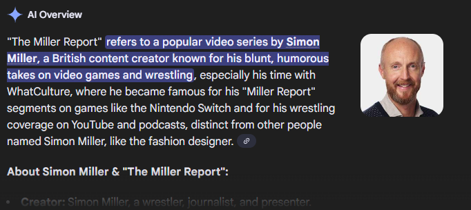 The_B's tweet photo. @SimonMiller316 I was searching for some old Miller Report stuff to respond as a gif, and Google's AI came back with this description but the picture... WHO IS THIS IMPOSTER? 🤣 https://t.co/tE8rA0GGfl