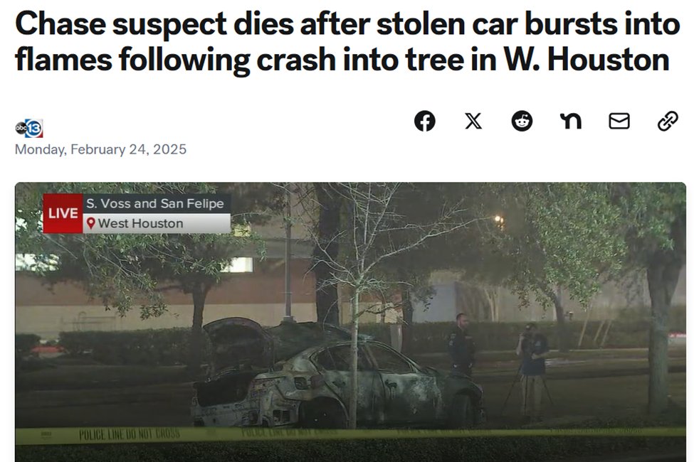 BryanDotson13's tweet photo. #crashdata Some crashes that appear to have fatal injuries reported in the press simply don’t appear at all in CRIS. The crash on February 24, 2024 on S. Voss during a police pursuit does not show up in CRIS as of today. That’s 10 months ago. (Deleted 1/10 duplicate.) https://t.co/nruQ5hARkJ