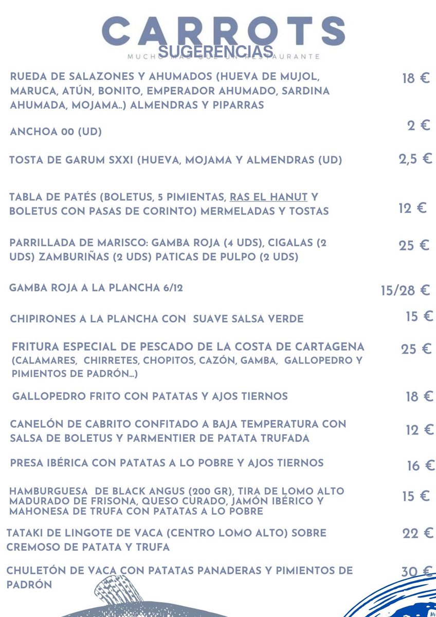 Buenos días ☀️ 
Os dejamos nuestro menú especial de domingo 🍽️ y nuestras sugerencias del día ✨
Y como siempre, os invitamos a venir a probar nuestro pulpo a la cartagenera 🐙
Prueba, compara y nos dices 😉
Te esperamos en Carrots ❤️