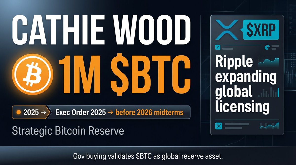 Cathie Wood predicts US gov will buy 1M $BTC for a Strategic Bitcoin  Reserve, established by exec order in 2025. Target: before 2026 midterms.  Ripple expanding global regulatory licensing for payments &