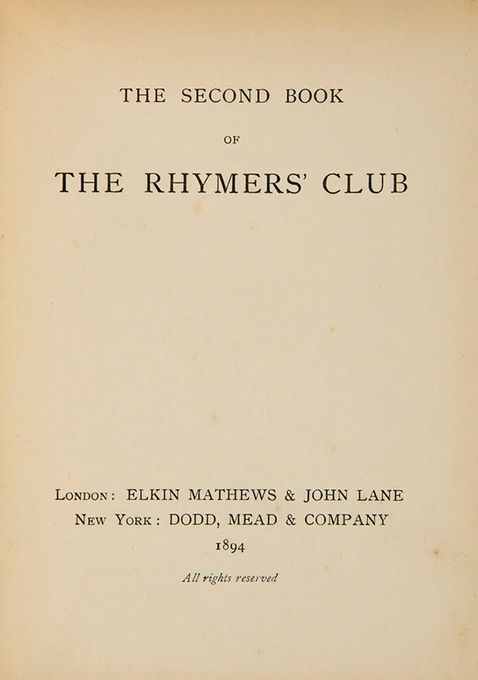 YeatsBedfordPk's tweet photo. #otd 1890 #Yeats + Ernest Rhys found *The Rhymers Club* with🌻#BedfordPk🌻members Todhunter, Horne and Edwin Ellis. Plus Oscar, Alfred Douglas, Manmohan Ghose, Johnson, Dowson, Symons, Le Gallienne etc. Their anthologies are published by #WBY's nextdoor neighbour📚Elkin Matthews! https://t.co/XYPMeBcphy