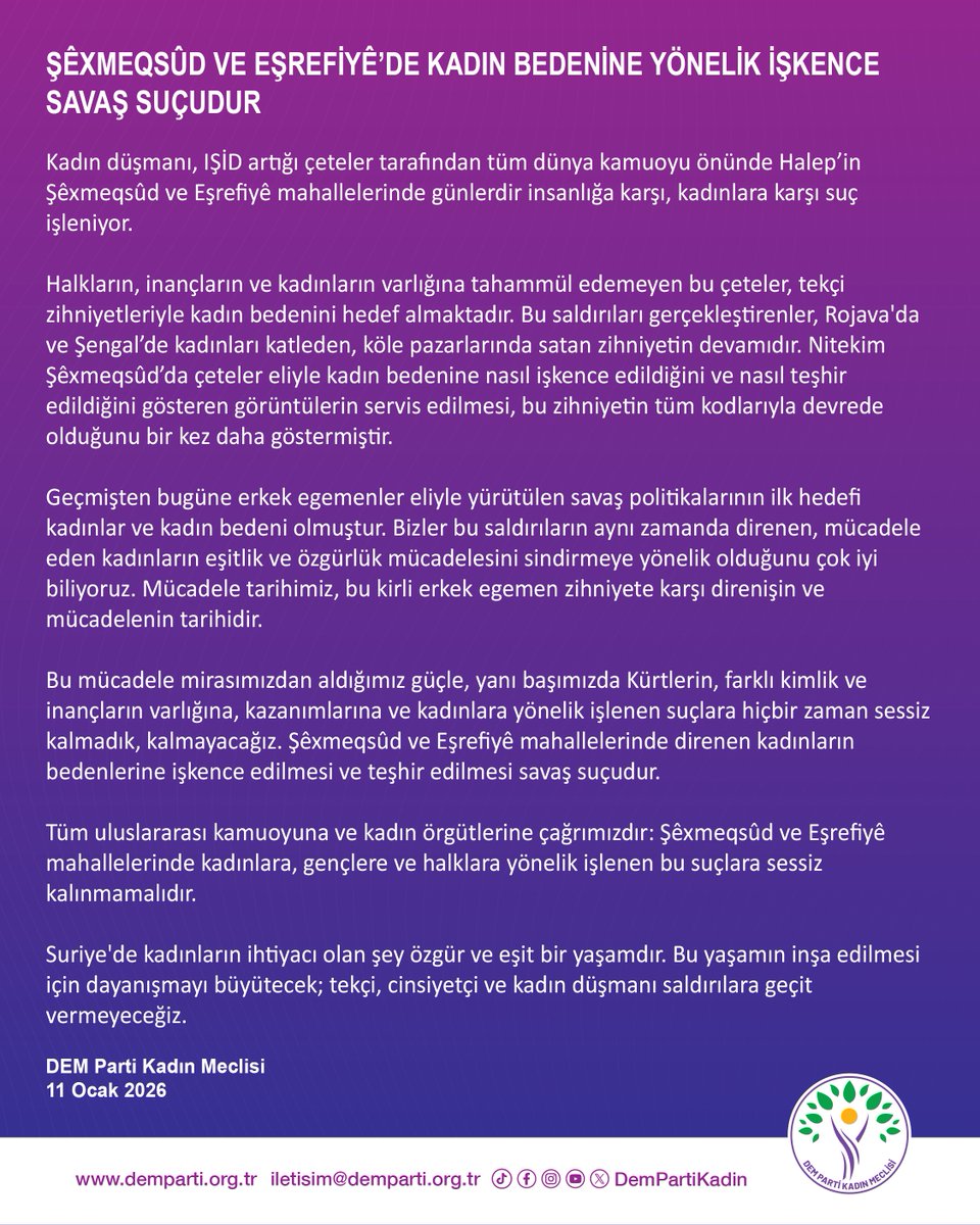DemPartiKadin's tweet photo. Şêxmeqsûd ve Eşrefiyê’de Kadın Bedenine Yönelik İşkence Savaş Suçudur

Kadın Meclisimizin açıklaması: 
https://t.co/dfrwi4ZTFm