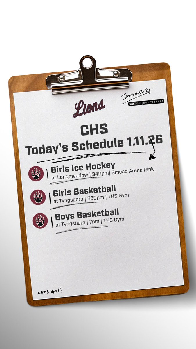 _LionsAthletics's tweet image. Today’s Schedule 
🏒 @BCgirlshockey 
🏀 @CHS_Girls_Hoop 
🏀 @CHS_boyshoop 
@CHSASBoosters @CHS_Tundra @CPSchoolsMA