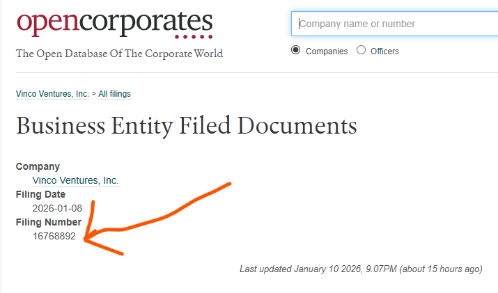 Official_MrRic's tweet photo. $BBIG Vinco Ventures Inc. 
January 8, 2026 - Business Entity Filed Documents https://t.co/paAJZMxZLC