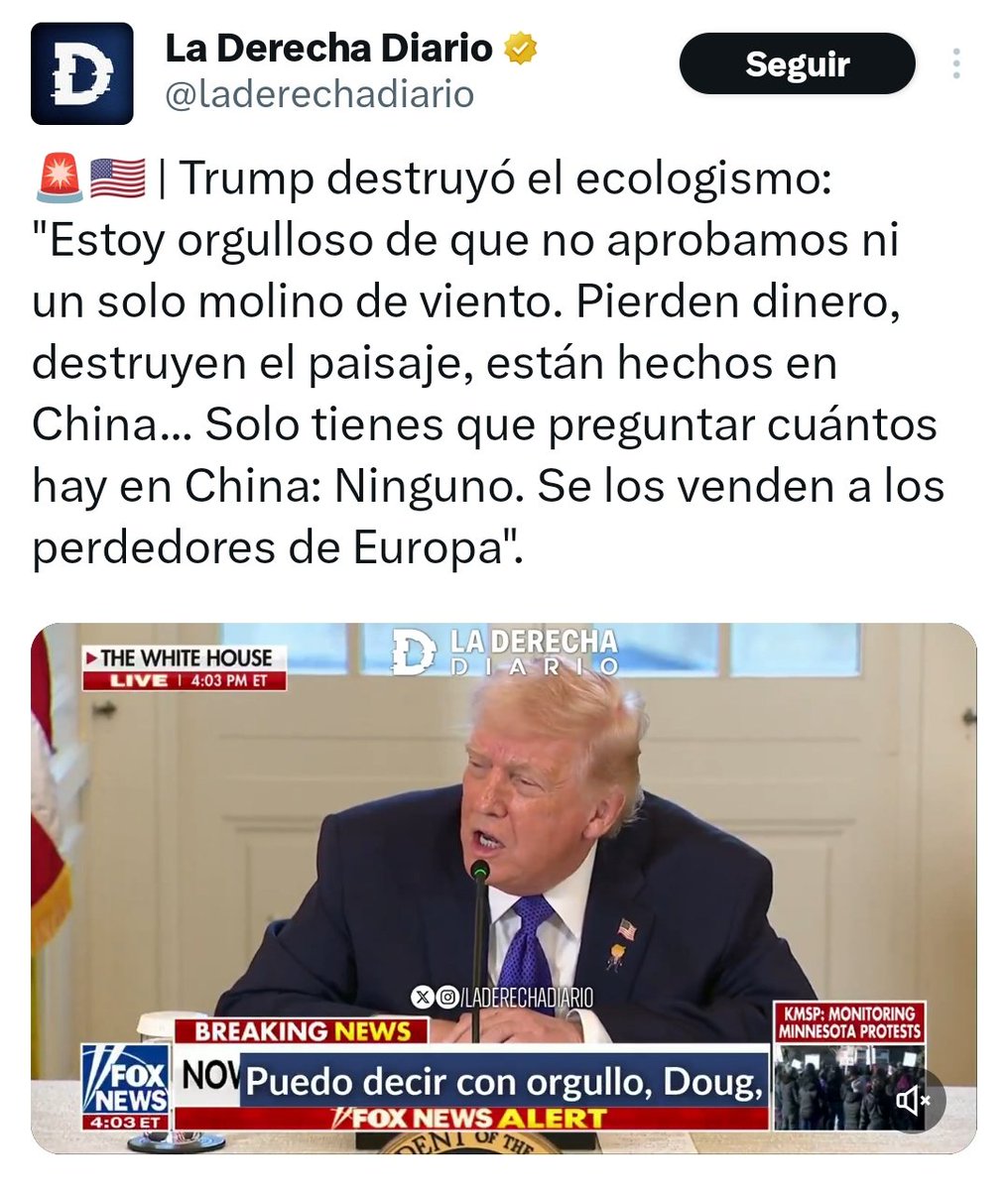 ActisAndres's tweet image. Trump dice que en China no hay aerogeneradores. La frase se viraliza. Influencers y pseudo medios de comunicación replican. Millones de personas lo leen en sus scroleos. Se repite en cada caña o café.

➡️ LA VERDAD: China es líder mundial en energía eólica.  

El mundo hoy.