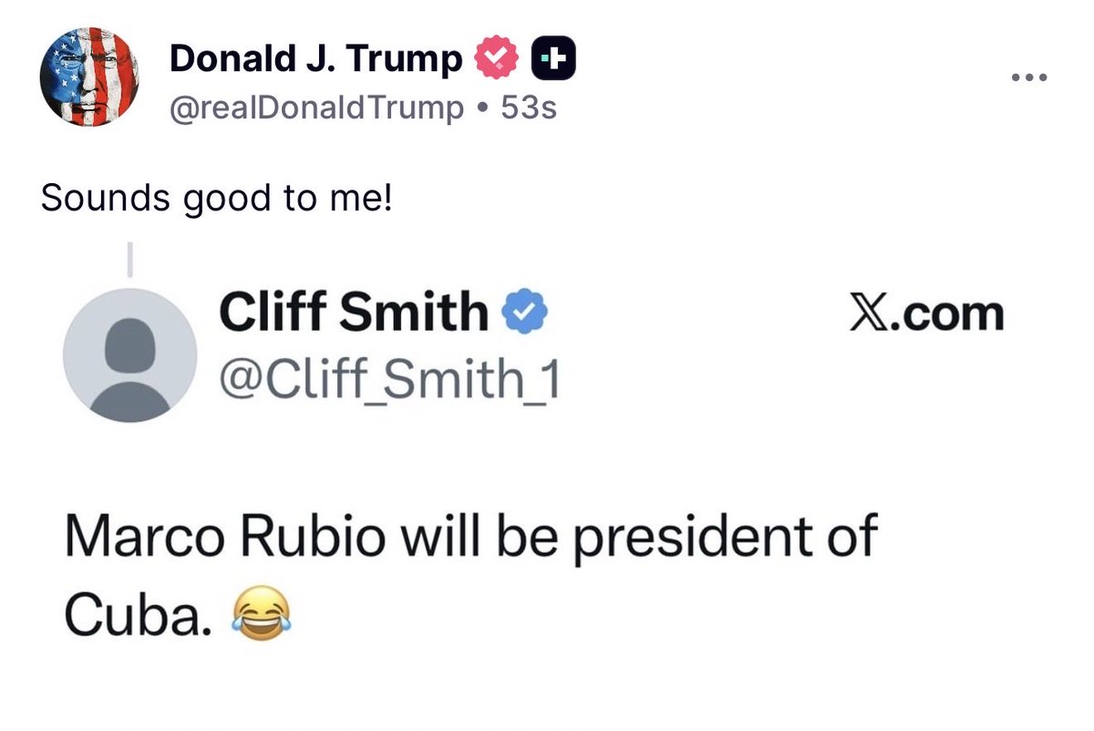 BREAKING 🚨 President Trump stuns the World by supporting Marco Rubio being President of Cuba

WE LIVE IN THE BEST TIMELINE 🔥