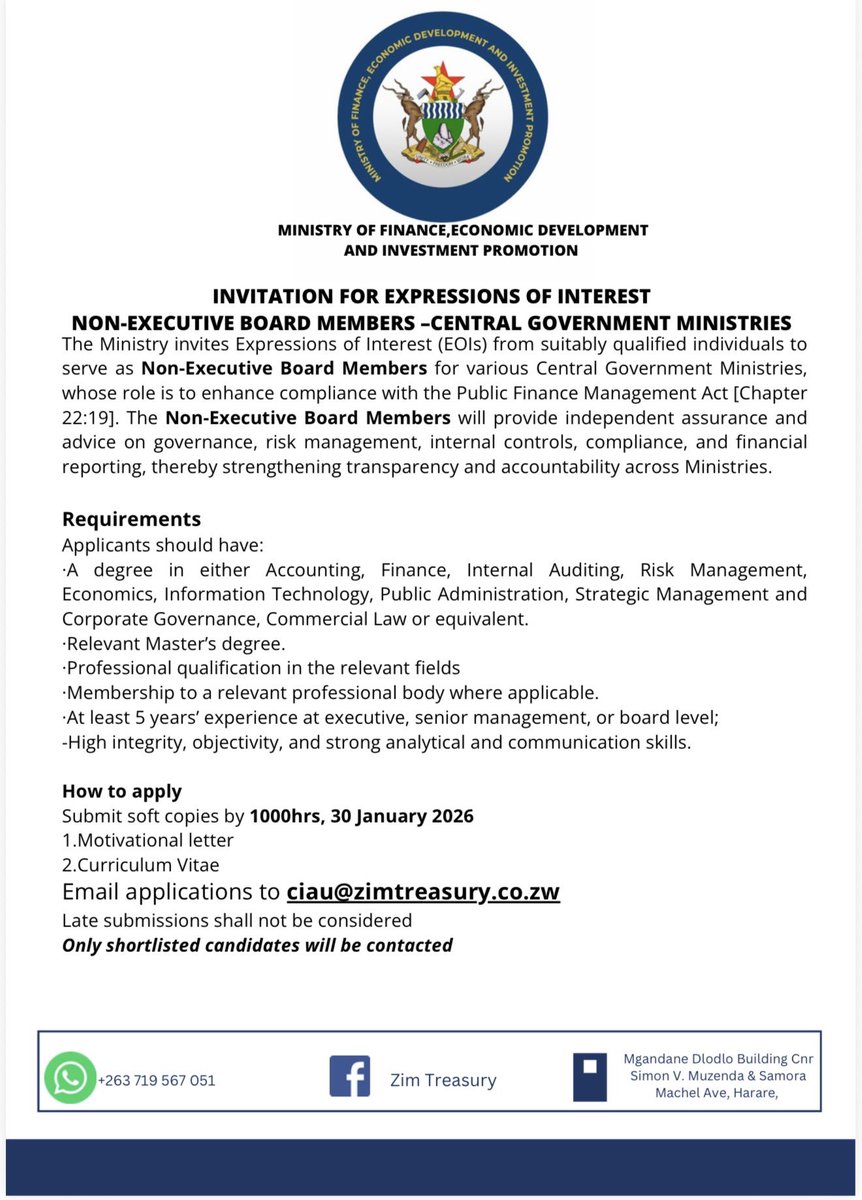 INVITATION FOR EXPRESSIONS OF INTEREST
NON-EXECUTIVE BOARD MEMBERS -CENTRAL GOVERNMENT MINISTRIES.