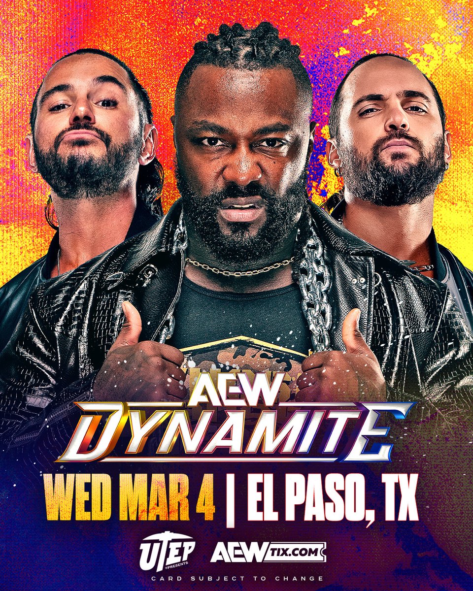 AEW's tweet image. EL PASO, TX &amp;amp; TUCSON, AZ: AEW is coming your way!

• #AEWDynamite at the Don Haskins Center on Wed, Mar 4
• #AEWCollision at Tucson Arena on Sat, Mar 7

Early Access Premium Seating starts tomorrow; tickets on sale 1/16.

Sign up to be an AEW Insider for presale access and more…