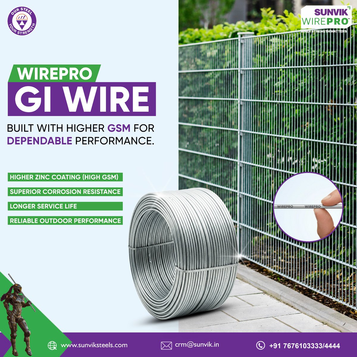Sunvik_Steels's tweet image. When protection matters, what’s beneath the surface makes all the difference.

WirePro GI Wire is crafted with higher GSM zinc coating for superior corrosion resistance, dependable outdoor performance, and longer service life.
#SunvikWirePro #GIWire #HighGSM #InnerStrengthMatters