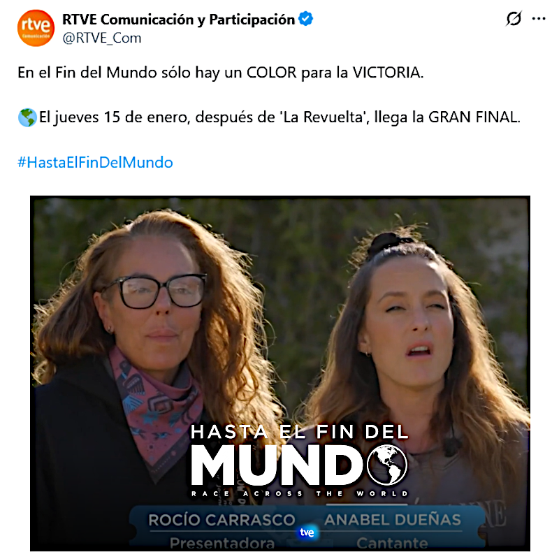 "¡No te lo puedes perder!" 🌎#HastaElFinDelMundo
🗒️ El jueves 15 de enero 2026, después de 'La Revuelta', llega la GRAN FINAL. 
En el Fin del Mundo sólo hay un COLOR para la VICTORIA.
 🤩Rocío Carrasco🤩Anabel Dueñas
#MareaFucsia  #APOYOROCIO11E
