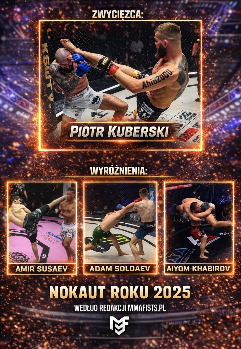 #NOMINACJE2025: NOKAUT ROKU moim zdaniem to potężny highkick Piotr Kuberski na Radku Paczuskim podczas #KSW109! Gratulacje!👏

Wyróżnienie otrzymują natomiast:
Amir Susaev KO Jashmed Navruzov
Adam Soldaev KO Leo Brichta
Aiyom Khabirov KO Zoltan Segedi 

<a href="/MMAfistsPL/">MMAfists.pl</a>