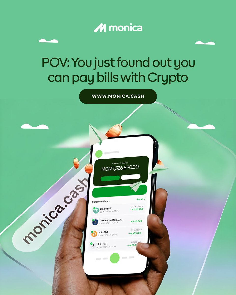 From coins to convenience, bills paid in just one tap! 🔥Convert your crypto  to Naira and sort out bills easily with Monica. 💚 Clink the link in our  bio to download the
