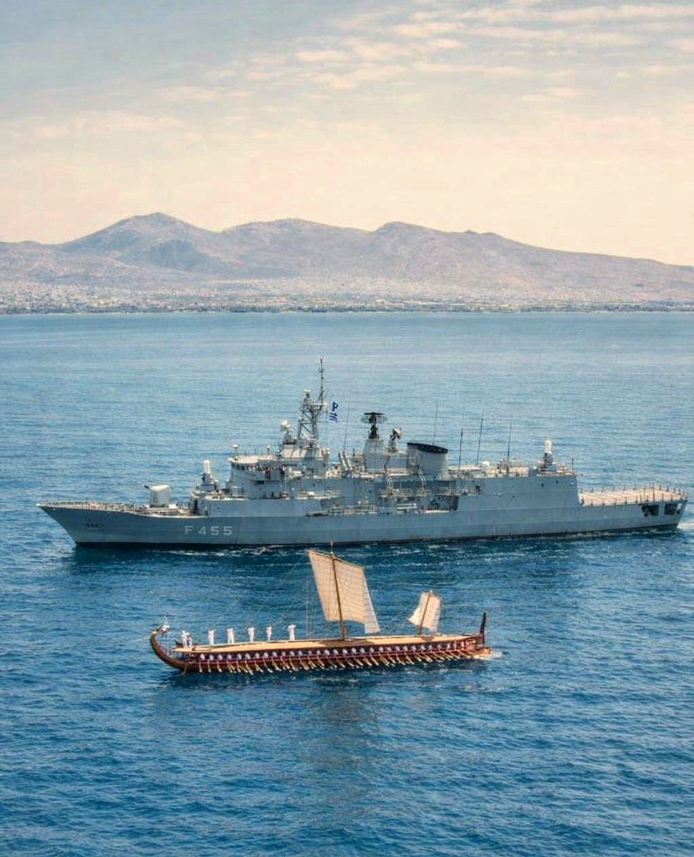 greece_northern's tweet photo. The reconstructed 5th-century trireme Olympias sailing alongside the frigate HS Salamis (F455)

Hellenic Navy, May 2020 https://t.co/aitP6gBXIM