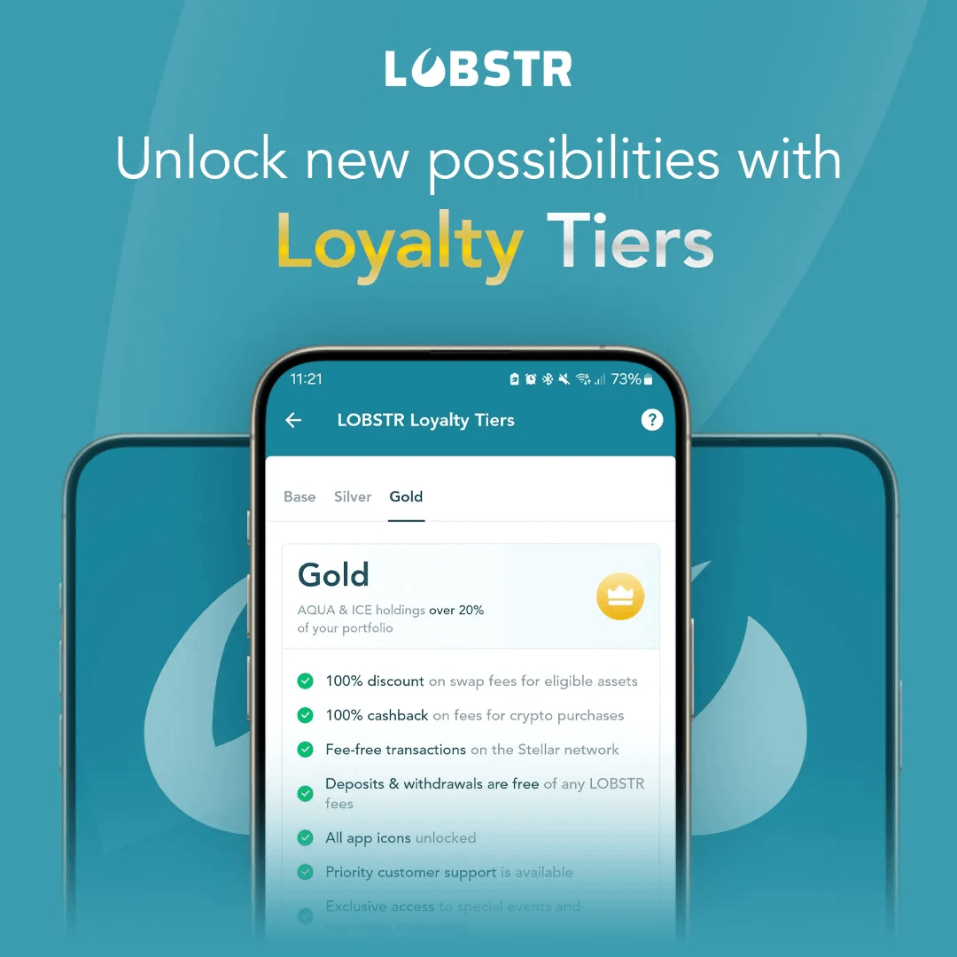 Your holdings should work for you. With LOBSTR, they do! LOBSTR Loyalty  Tiers turn your AQUA/ICE holdings into perks: ✓ Free swaps (Gold tier) ✓  Network fees covered ✓ Zero deposit/withdrawal fees
