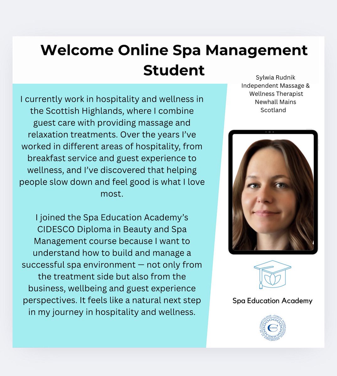 We are delighted to introduce our amazing Online Spa Management student Sylwia Rudnik 

Based in the Scottish Highlands Sylwia brings a strong background in hospitality and wellness 
Get your brochure with fees, dates, payment plan details here  subscribepage.com/GetMoreInfo