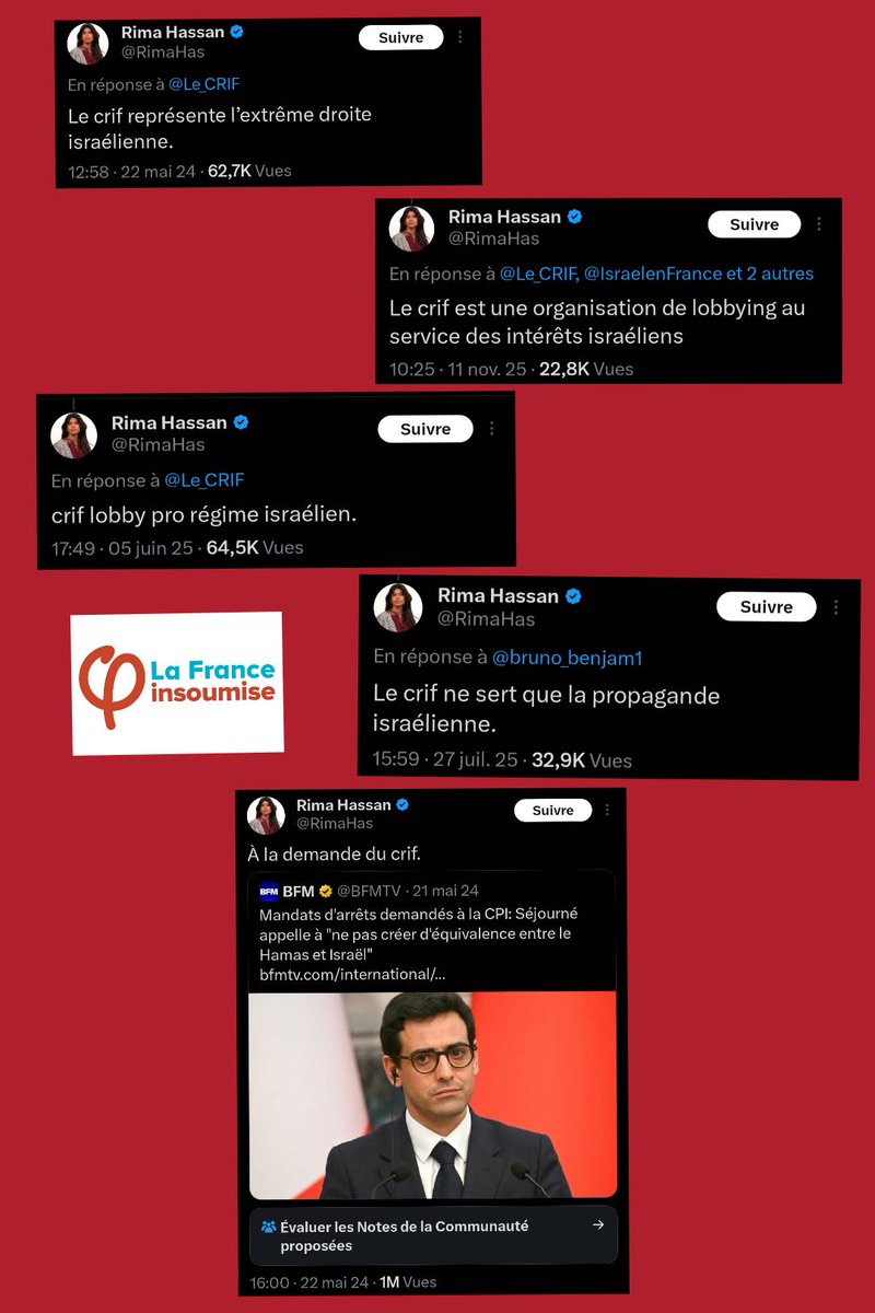 LFI a viré son pion Yves Bouteiller après des propos antisémites comme "Le Crif dirige la France" ou encore "le lobby génocidaire téléguidé par le Crif noyaute le gouvernement français".
Pourtant, Rima Hassan relaie constamment les mêmes propos antisémites et est adulée chez LFI.