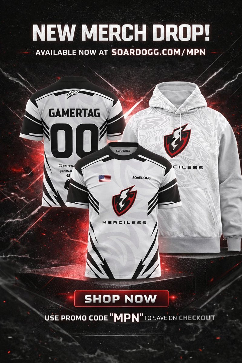 mpnlivenet's tweet image. NEW MERCH DROP!🚨

The official 2026 MPN x @SoarDogg collection is here 👀Rep the squad with the new jerseys, hoodie, and MORE — now live!

👉 SOARDOGG.COM/MPN
💸 Use Promo Code "MPN" to save at checkout!
#MPNGG ⚡️