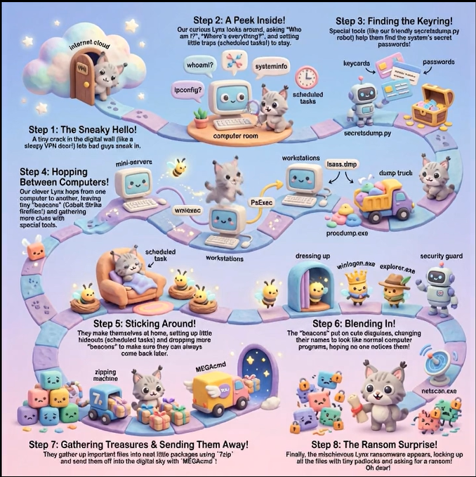 Messing with Gemini this morning and used <a href="/TheDFIRReport/">The DFIR Report</a> Lynx report and made ransomware adorable  thedfirreport.com/2025/11/17/cat…