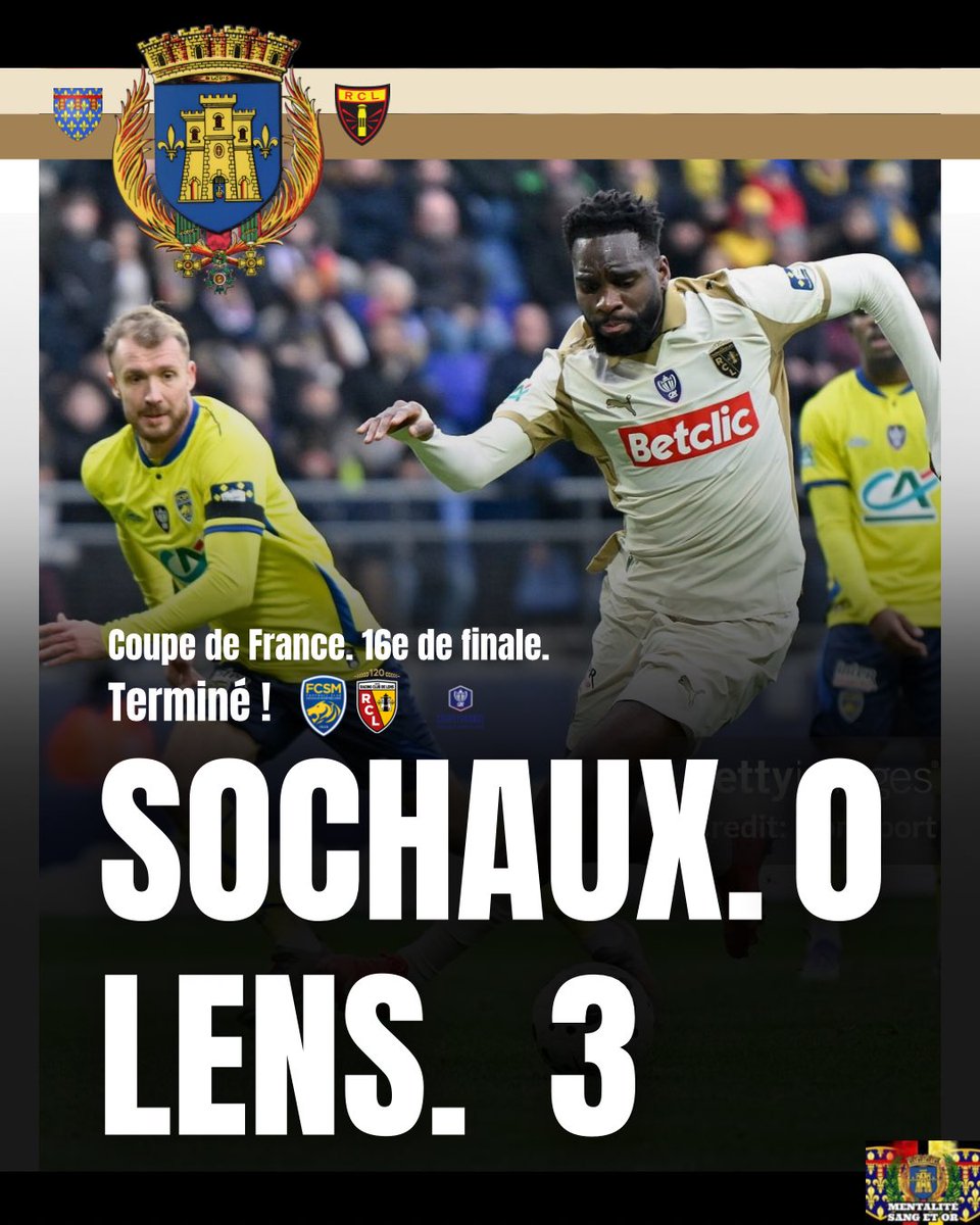 mentalite_lens's tweet photo. Terminé ! FC SOCHAUX 0 - 3 RC LENS !
LENS EST QUALIFIÉ POUR LES HUITIÈMES DE FINALE DE LA COUPE DE FRANCE ! 🏆🇫🇷 🔴🟡
#FCSRCL
#RCLens https://t.co/lECT8kI7ET