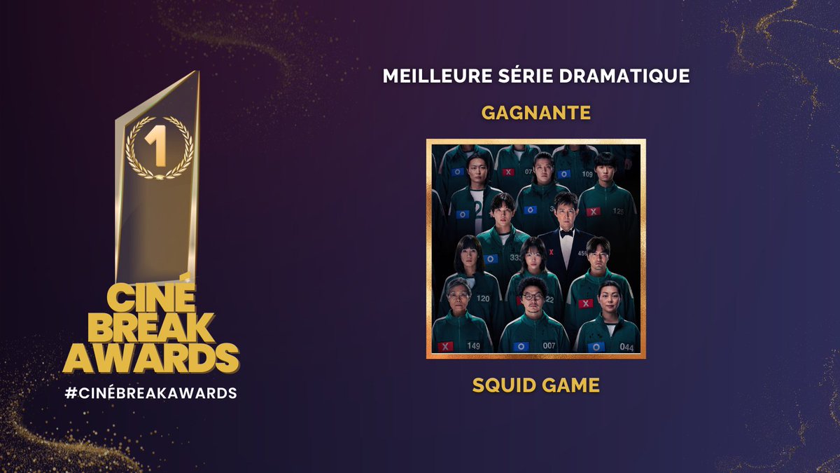 🏆 Ciné Break Awards
Meilleure série dramatique

GAGNANTE : Squid Game