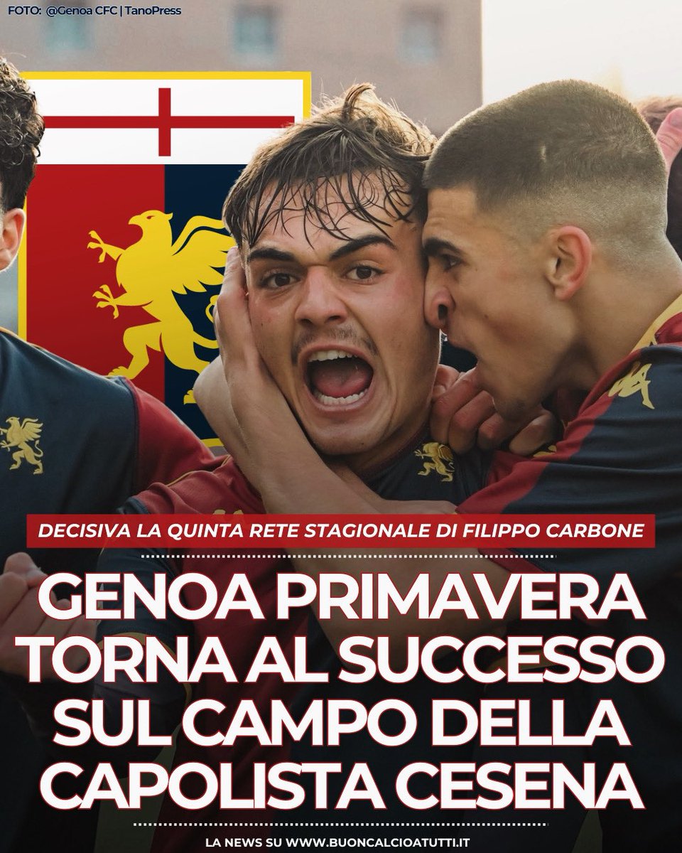 buoncalcio's tweet photo. πβ
π΄π΅ πππππ πππππππππ | RossoblΓΉ di mister Sbravati battono la capolista Cesena e ritrovano la vittoria che mancava da novembre
ππ» Leggi la notizia su https://t.co/ajXjkzPPos
β‘οΈ #Genoa #CesenaGenoa #Primavera1 #GenoaPrimavera #Sbravati https://t.co/3ckaZ5Kfe8
