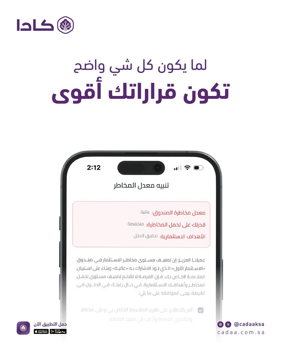 الصورة واضحة قدامك.
تقييم المخاطر الآلي يوضح لك مستوى المخاطرة قبل الاستثمار. 

#كادا #الكل_له_فرصة