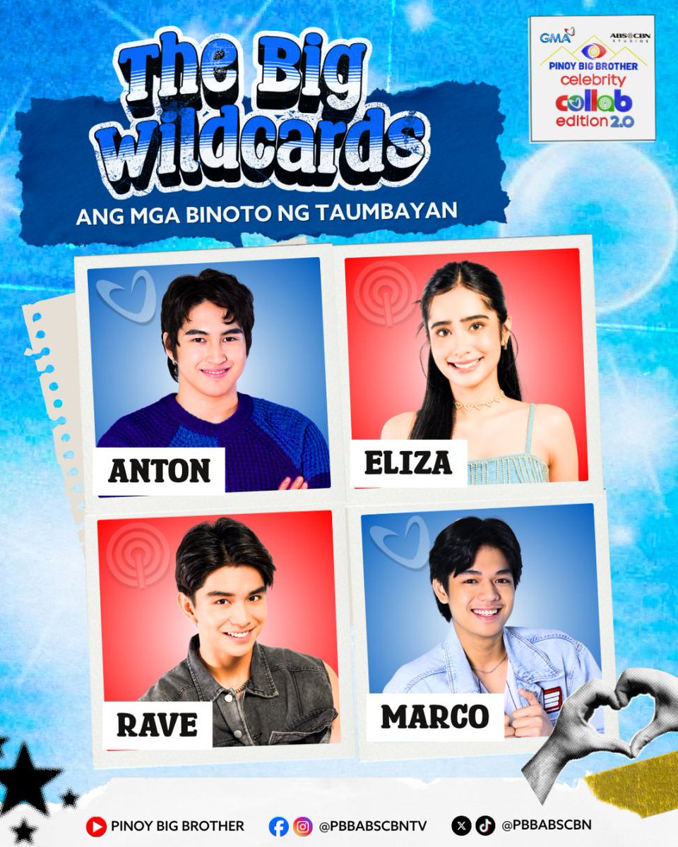 Narito na ang opisyal na #BigWILDCARDS ng Bayan — #Anton, #Marco, #Eliza, at #Rave!

#ABSCBN #ABSCBNStudios #GMA #StarMagic #Sparkle #DMJCreativeProduction #PBBCollab2point0 #PBBCollab20FifthNomi SalientStarPh