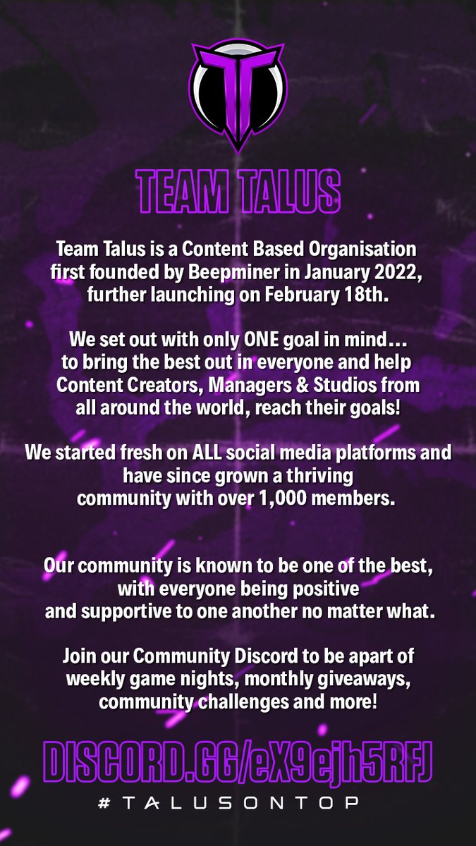 TeamTalusGG's tweet image. We’re not just a community, we’re a FAMILY 💜

We have creators, gamers, and dreamers all under one name...

Join the movement. Grow with the best. and most importantly, have fun along the way.
👉 discord.gg/eX9ejh5RFJ
#talusontop #TalusRC