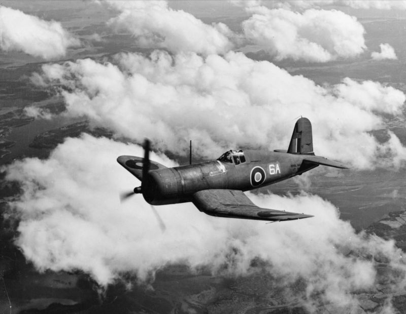 A British fighter aircraft of the American production Vought "Corsair" Mk II (British designation of the model F4U-1A, tail number 6A JT228) from the 1830th Naval Air Squadron ( 1830 Naval Air Squadron ) on a training sortie over New England (north-eastern USA).