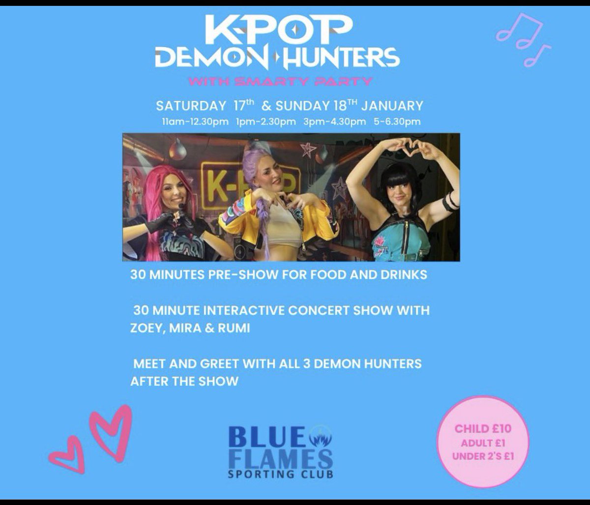 Only tickets left for the 5pm shows left so get yours before they sell out 

Not long until our K-pop concert 🥰

Tickets to our K-POP Party in January will make great gifts for any K-POP fan. Available to book now on our website blueflames.co.uk/product/k-pop-…  🤩🥳💜 #kpopdemonhunters