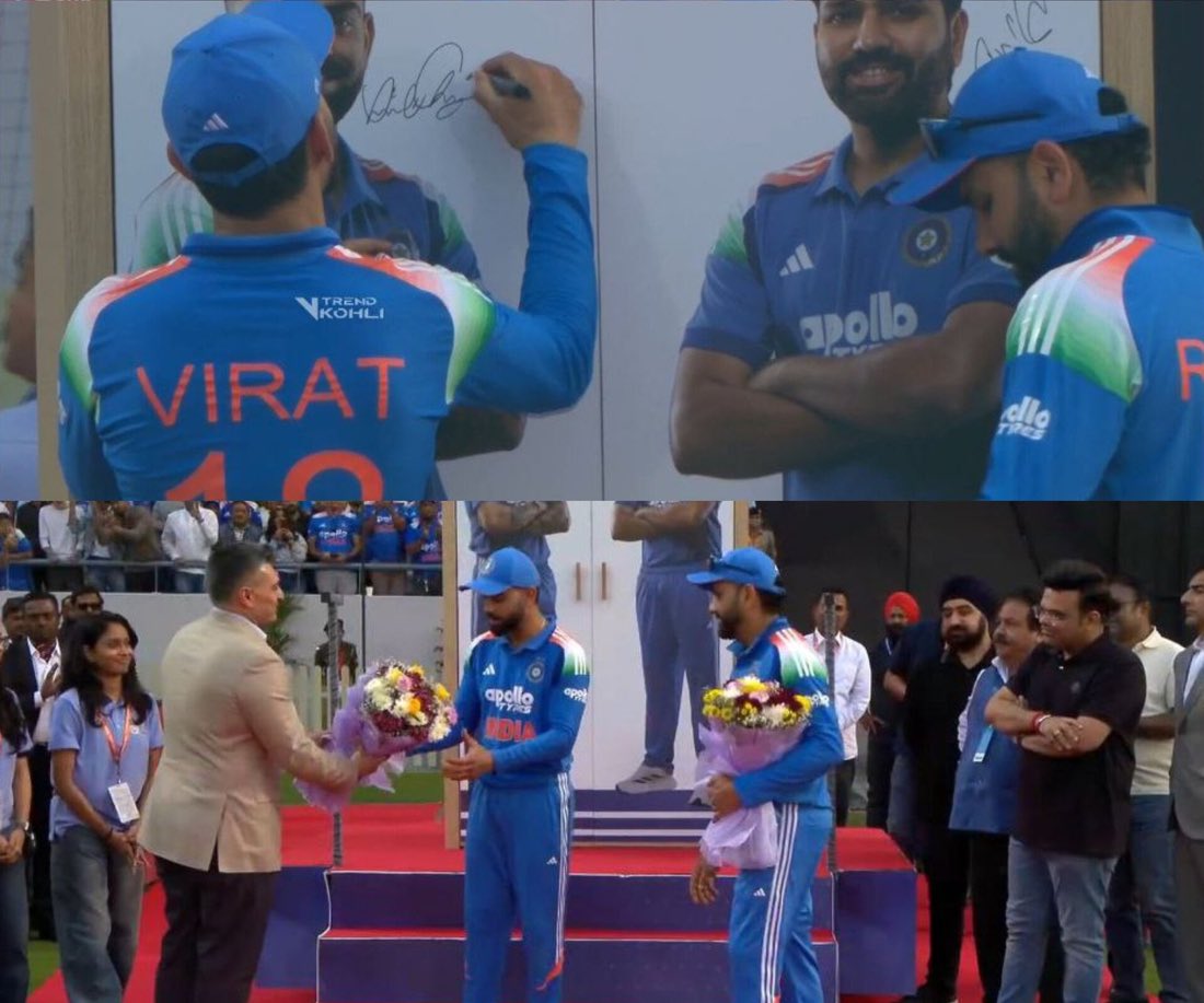mufaddal_vohra's tweet photo. Virat Kohli and Rohit Sharma felicitated in Baroda. 

- The superstars of world cricket. https://t.co/zojxFf4rwA