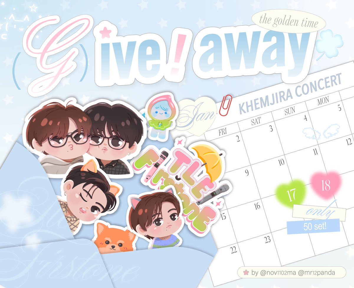 nov1102ma's tweet image. ᢉ𐭩 pls, kindly retweet ᢉ𐭩

𐙚 giveaway ( #TleFisrtone #เติ้ลเฟิร์สวัน ) sticker die-cut 50 sets
𐙚 Khemjira the golden time concert
⤷ rt &amp;amp; show this post !

location: impact arena
date: 17-18 Jan
time: tba

#KhemjiraTheGoldenTimeConcert
#KhemjiraConcert #เขมจิราที่อิมเเพค