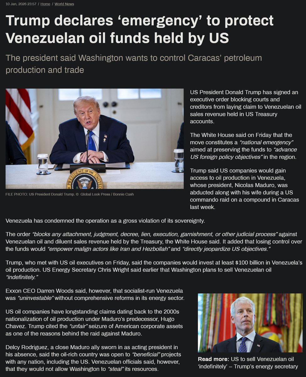 ConTorrents's tweet image. Trump declares ‘emergency’ to protect Venezuelan #oil funds held by US
"Emergencies" justify extreme actions that contradict current laws.
#WW3 #imperialism #corporatefascism #dictator