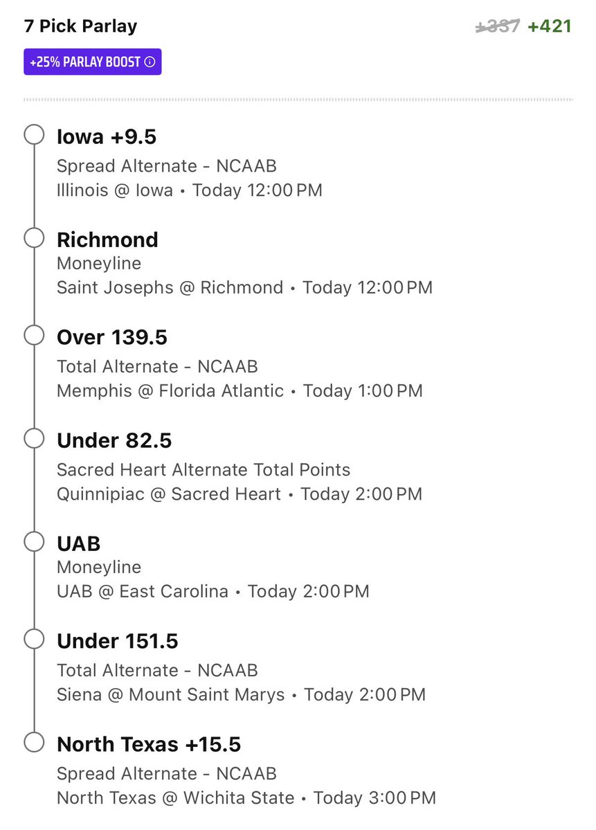 ZoneInSports's tweet image. College Basketball 🏀 Picks Today (1/11/26)
College hoops pick record this season: 473-419-2; 24 parlays hit
Illinois/Iowa 1H o68.5
FAU ML
E Carolina TT u70.5
Merrimack +2.5
Quinnipiac -4.5
N Texas 1H +3.5
N Texas/Wichita St u129.5
UCF -3.5

7 leg parlay +25% boost up to +421/DK