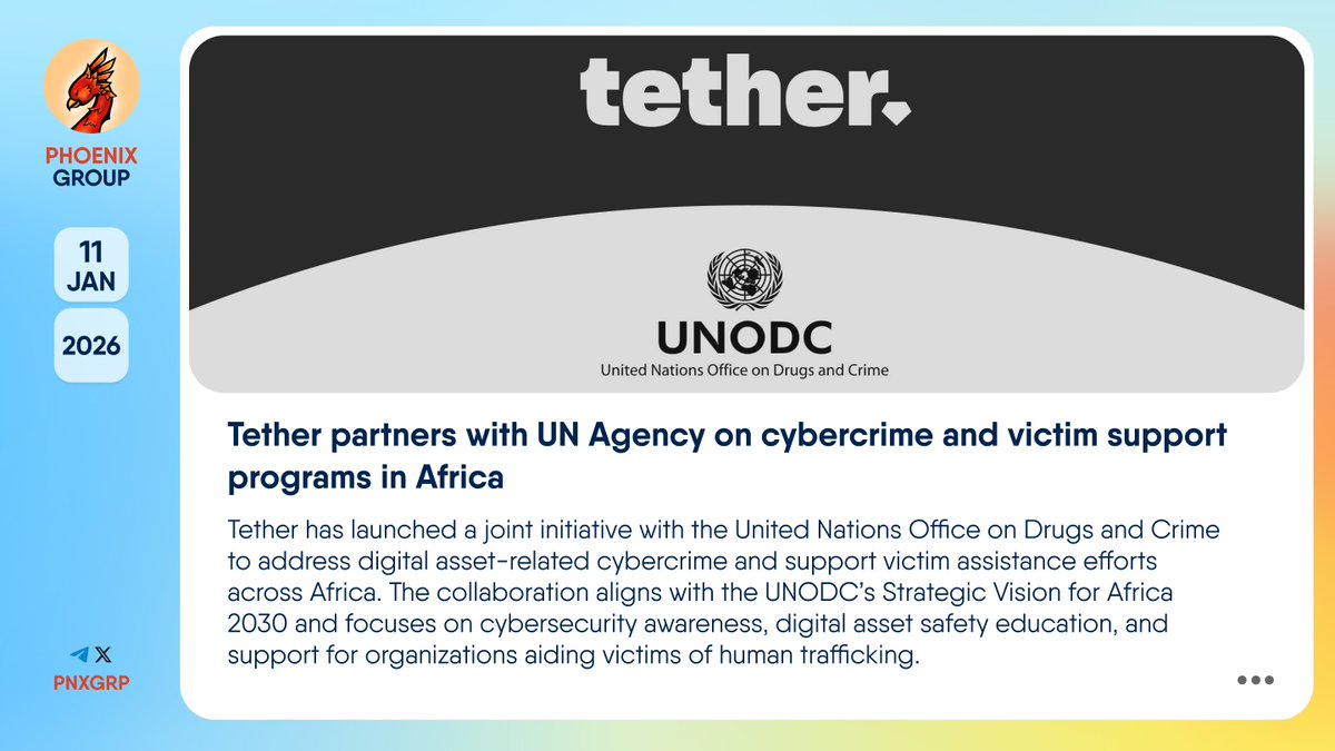 🤝 @tether partners with @UNOPS Agency on cybercrime and victim support  programs in Africa #Tether has launched a joint initiative with the  #UnitedNationsOffice on Drugs and Crime to address digital asset-related  cybercrime