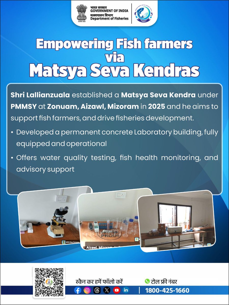 FisheriesGoI's tweet photo. Matsya Seva Kendra is empowering Mizoram's fish farmers with testing, health monitoring, and advisory services under PMMSY.

#PMMSY #MatsyaSampadaSeSamriddhi #MatsyaSevaKendra #Innovation #AffordableTesting https://t.co/YHrhOrglH6
