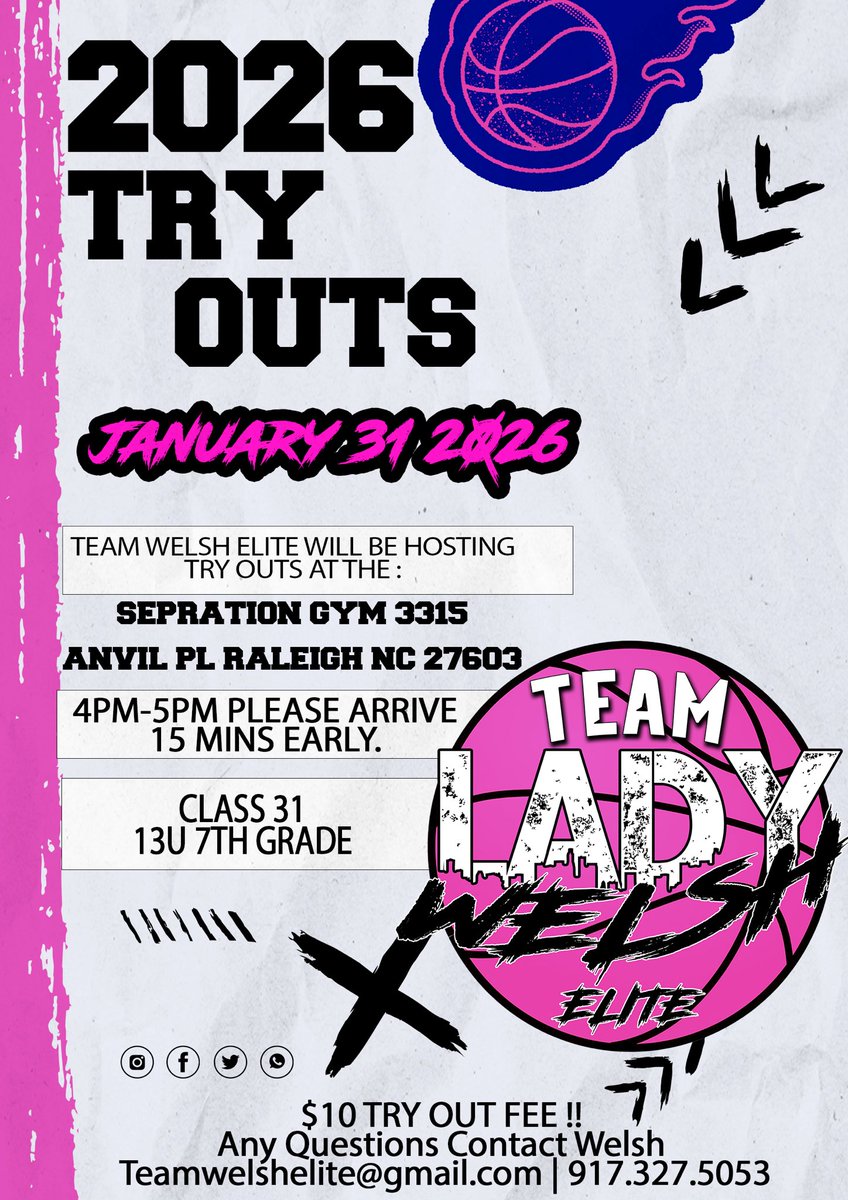 Traveling basketball season is here! We are hosting tryouts for 13u 7th grade girls ! If you're trying to develop your game and play against elite competition come down Saturday January 31st 4pm -5pm we can't wait to see you 💪🏾💪🏾 #ladywelshelite #girlsbasketball #teamwelshelite